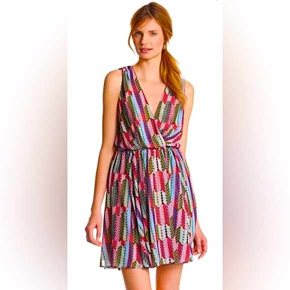 Anthropologie I Erin Featherstone Faux Wrap Sleeveless Mini Dress Neon Chevron - Picture 1 of 7